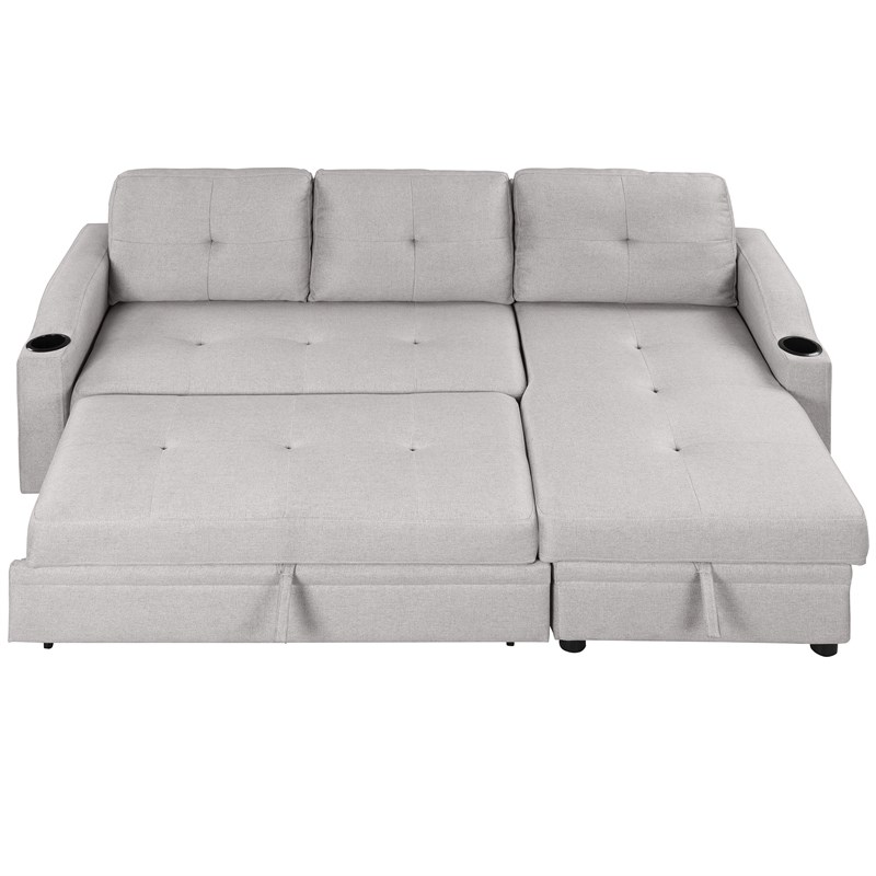 CRO Decor pull-out sofa bed 3 seater with storage chaise longue and cup holder