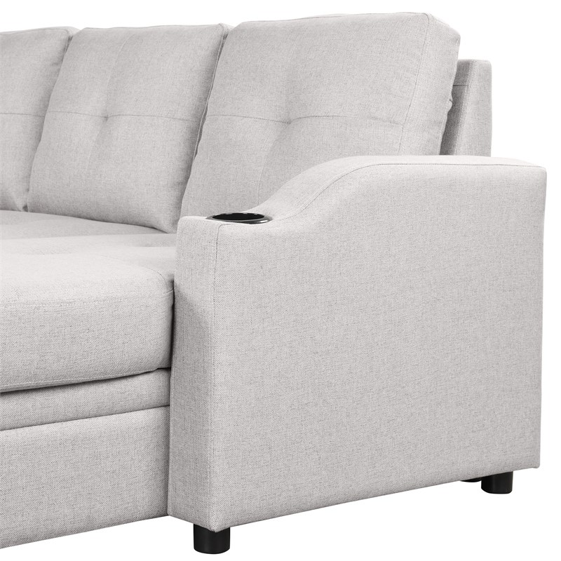 CRO Decor pull-out sofa bed 3 seater with storage chaise longue and cup holder