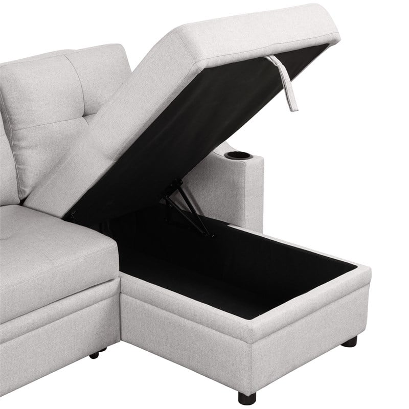 CRO Decor pull-out sofa bed 3 seater with storage chaise longue and cup holder