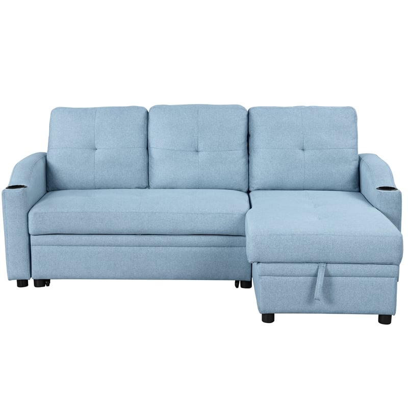 CRO Decor Blue Pull Out Sofa Bed 3 Seater with Storage Recliner and Cup Holder