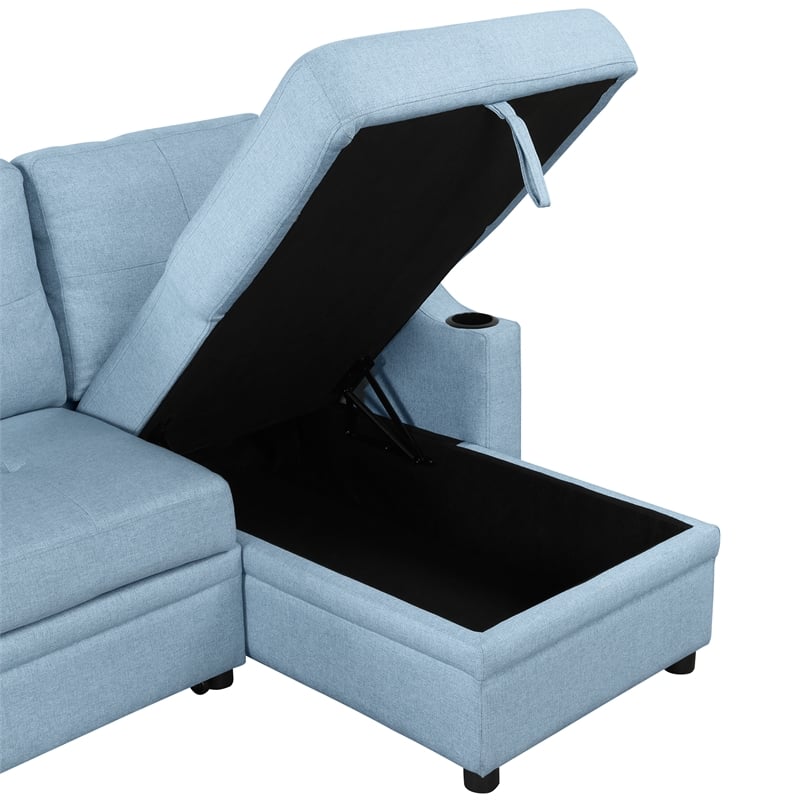 CRO Decor Blue Pull Out Sofa Bed 3 Seater with Storage Recliner and Cup Holder