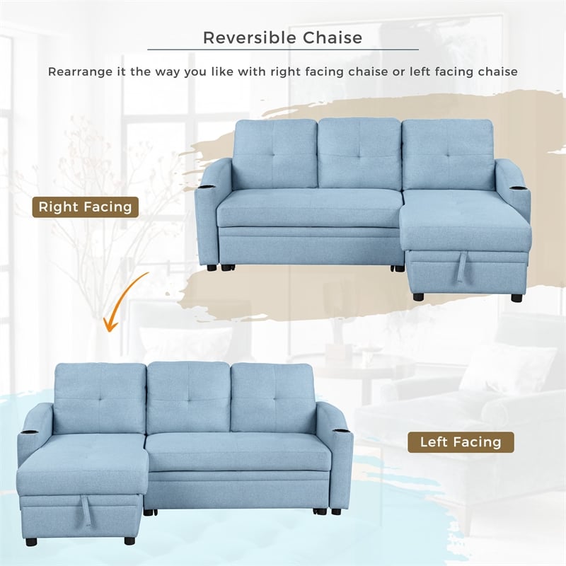 CRO Decor Blue Pull Out Sofa Bed 3 Seater with Storage Recliner and Cup Holder