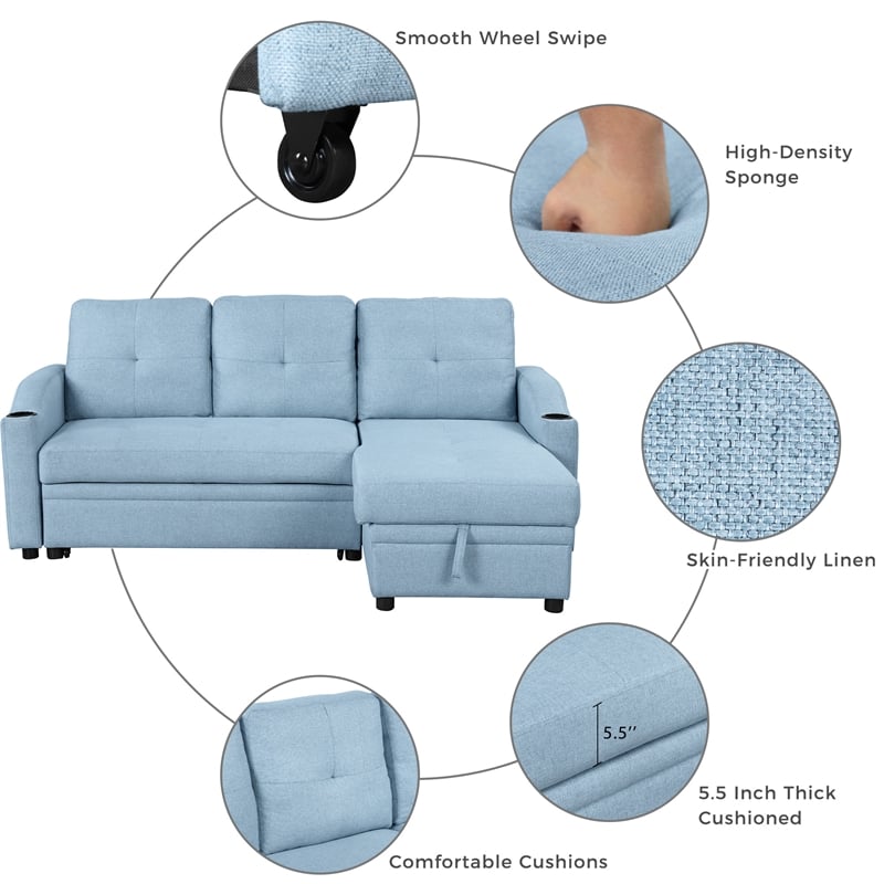 CRO Decor Blue Pull Out Sofa Bed 3 Seater with Storage Recliner and Cup Holder