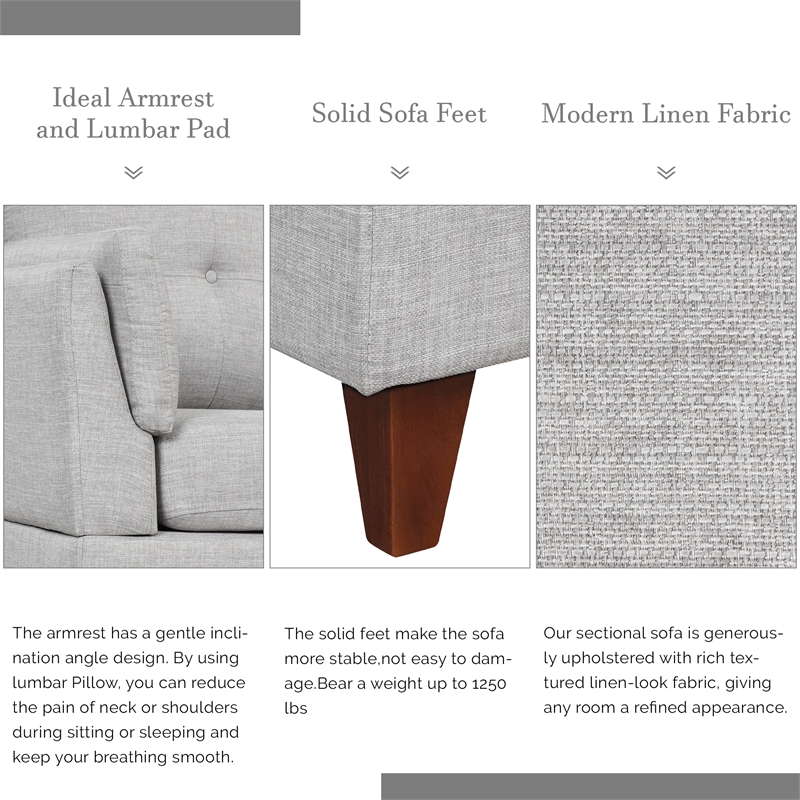 CRO Decor Modern Linen Fabric L-Shaped Sofa (Grey)