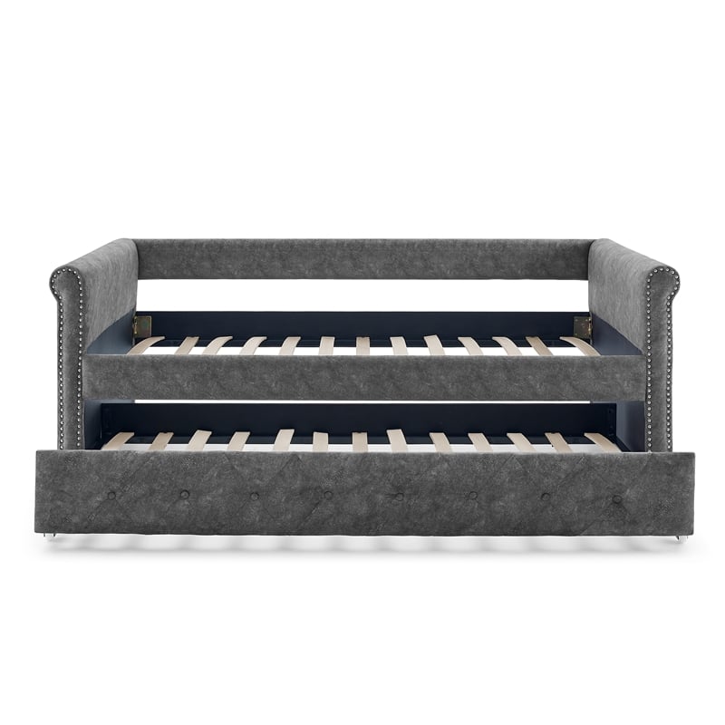 CRO Decor Gray Upholstered Tufted Sofa Bed With Rollers
