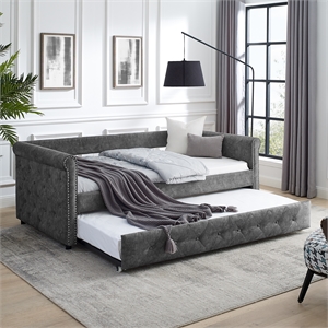 CRO Decor Gray Upholstered Tufted Sofa Bed With Rollers