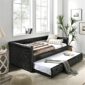CRO Decor  Black Upholstered Tufted Sofa Bed With Rollers