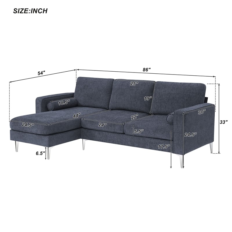 CRO Decor 86-inch modern chenille fabric L-shaped 3-seater sofa (blue + gray)