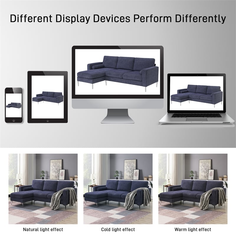 CRO Decor 86-inch modern chenille fabric L-shaped 3-seater sofa (blue + gray)