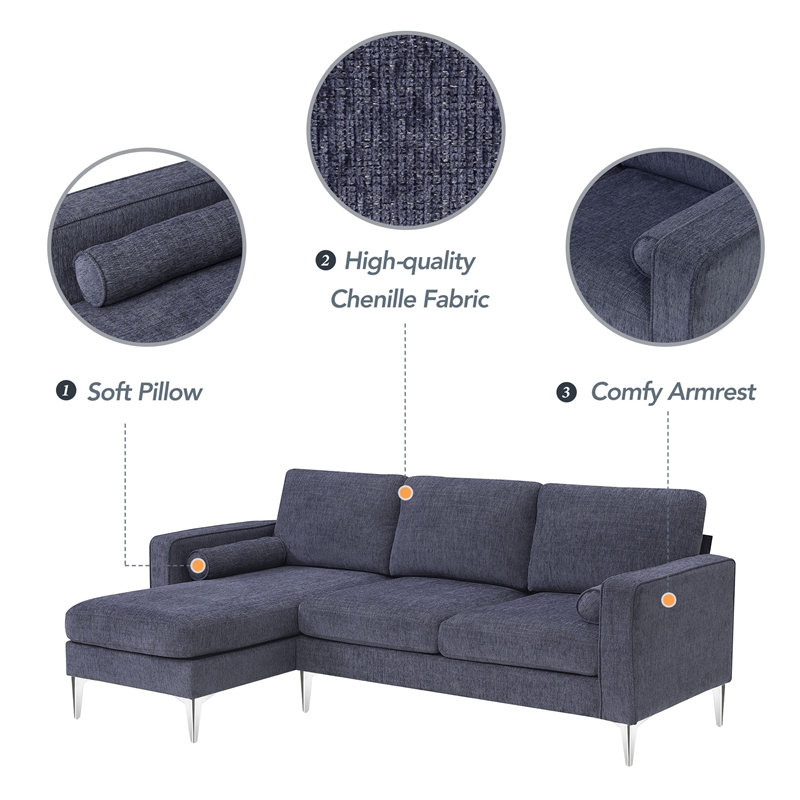 CRO Decor 86-inch modern chenille fabric L-shaped 3-seater sofa (blue + gray)