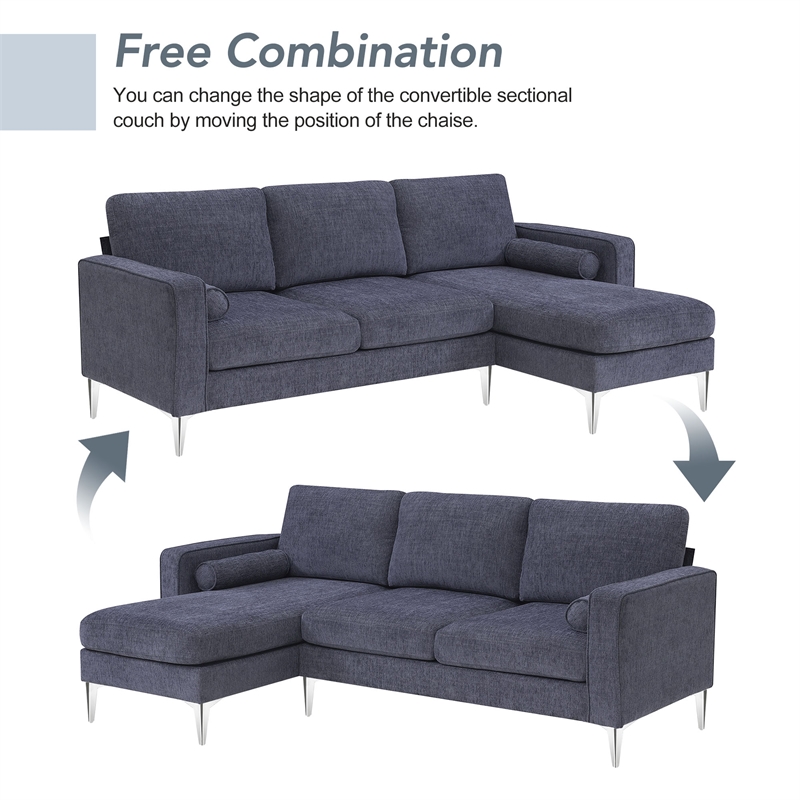 CRO Decor 86-inch modern chenille fabric L-shaped 3-seater sofa (blue + gray)