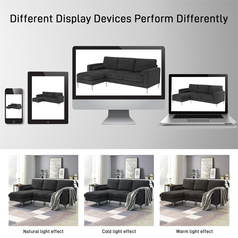 CRO Decor 86-inch modern chenille fabric L-shaped 3-seater sofa(DARK GREY)