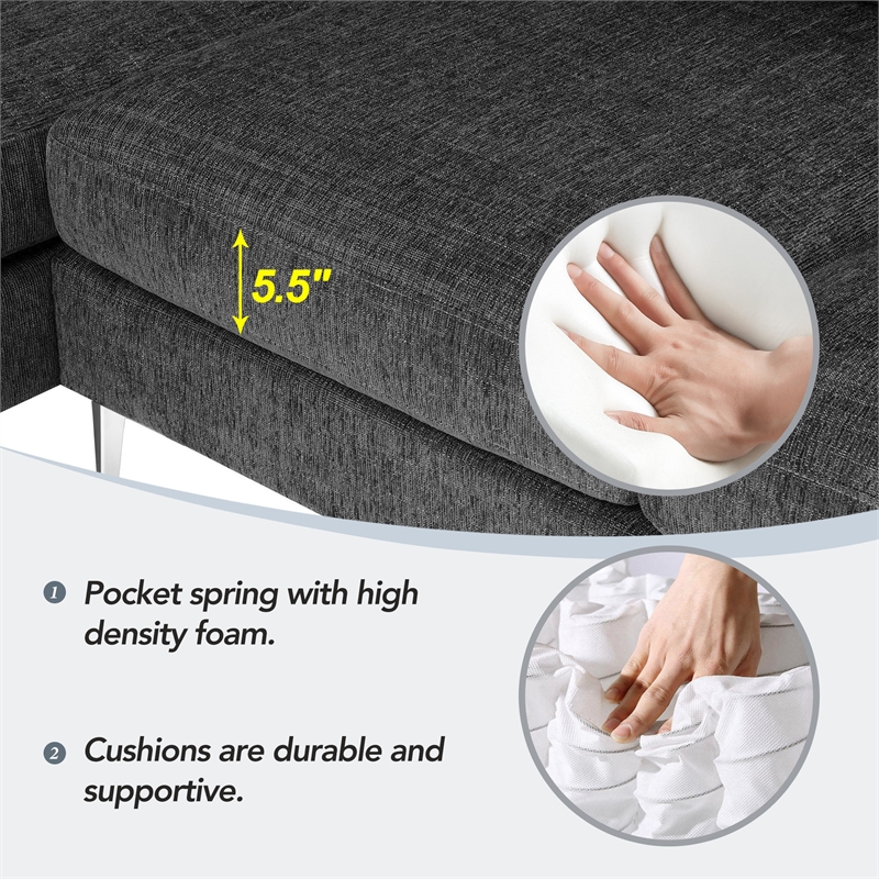 CRO Decor 86-inch modern chenille fabric L-shaped 3-seater sofa(DARK GREY)