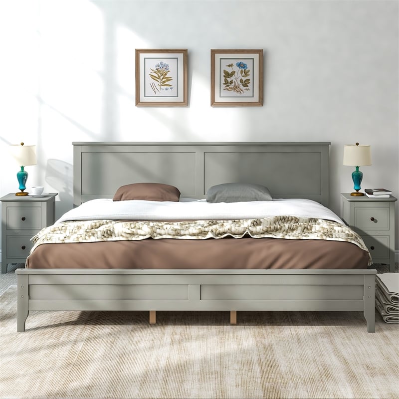 CRO Decor Modern Solid Wood King Size Platform Bed with Tapered Legs in Gray