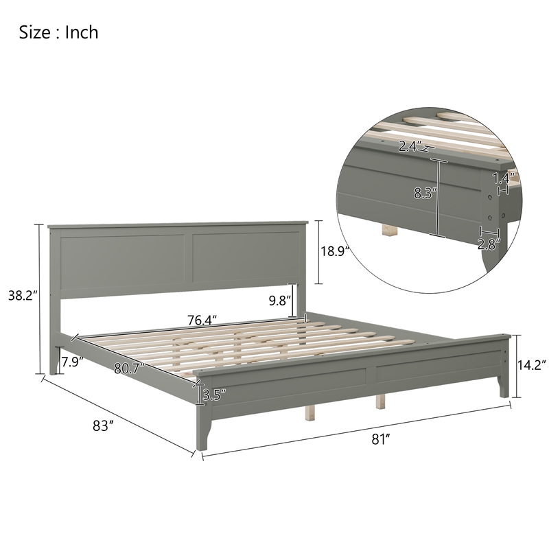 CRO Decor Modern Solid Wood King Size Platform Bed with Tapered Legs in Gray