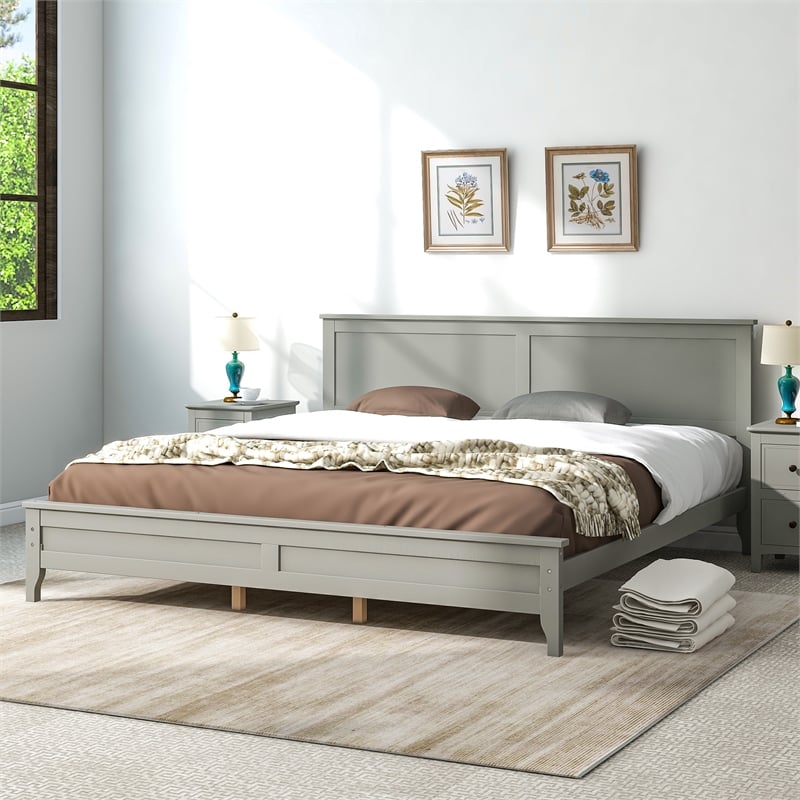 CRO Decor Modern Solid Wood King Size Platform Bed with Tapered Legs in Gray
