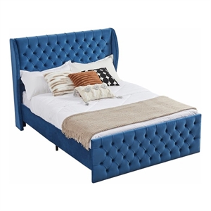 CRO Decor Upholstered Metal & Velvet King Size Chesterfield Bed in Blue