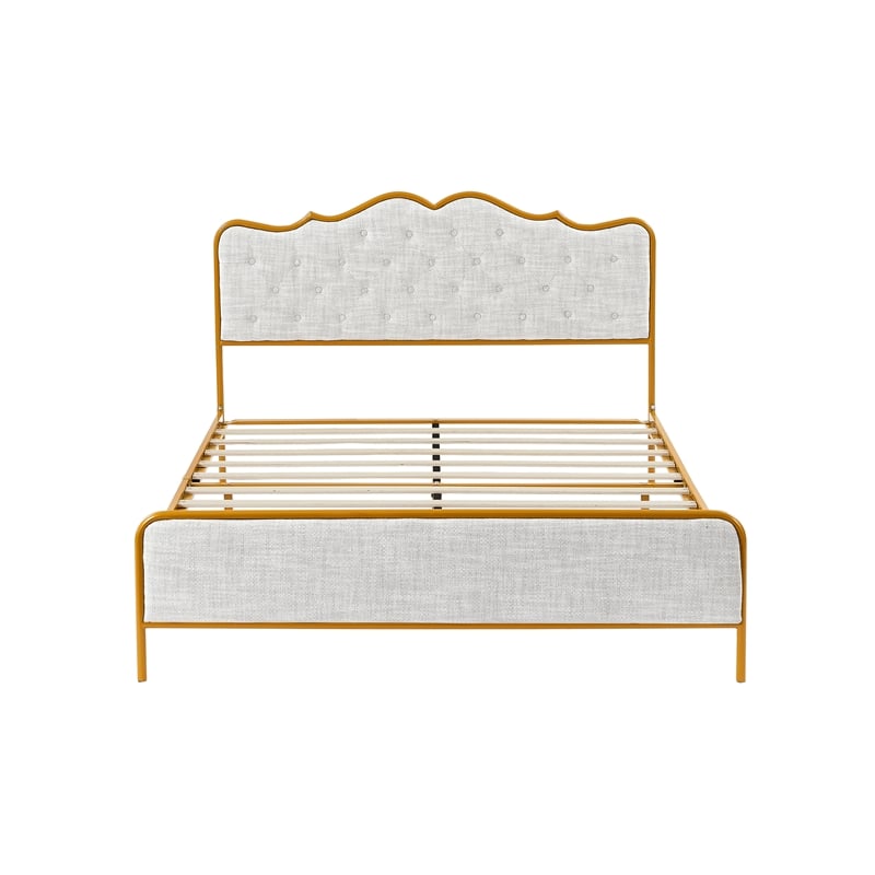 Light gray queen size bed with metal frame solid wood ribs and foam upholstery