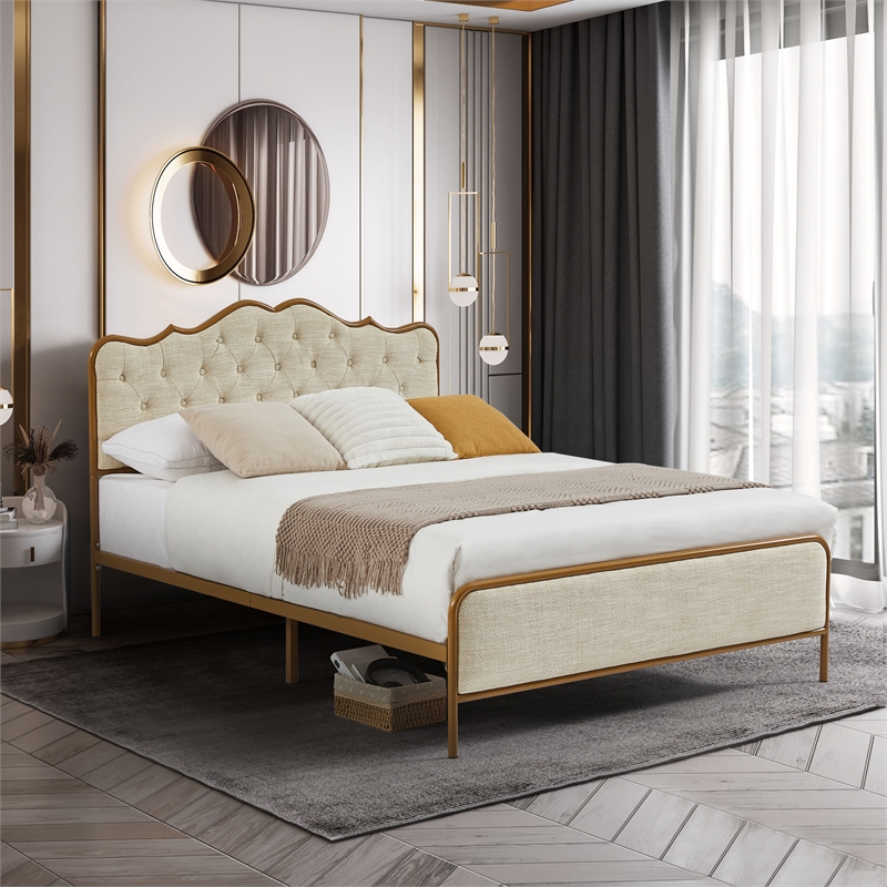 light Camel queen size bed with metal frame solid wood ribs and foam upholstery