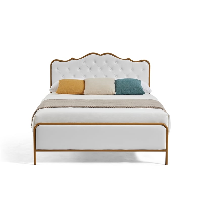 White queen size bed with metal frame solid wood ribs and foam upholstery