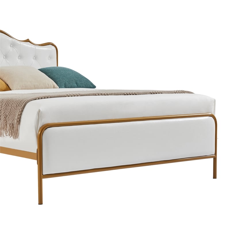 White queen size bed with metal frame solid wood ribs and foam upholstery