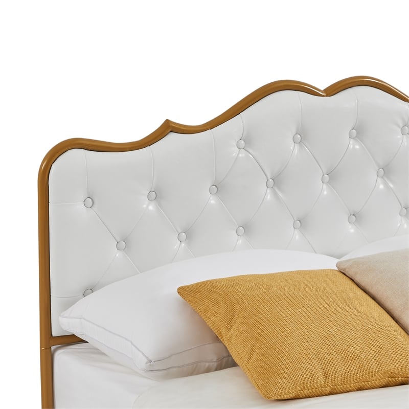White queen size bed with metal frame solid wood ribs and foam upholstery