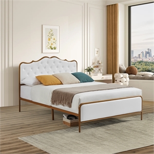 White queen size bed with metal frame solid wood ribs and foam upholstery