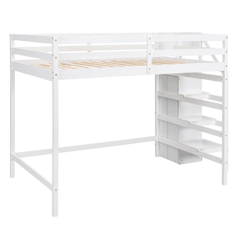 Full Size Loft Bed with Built-in Storage Wardrobe and Staircase