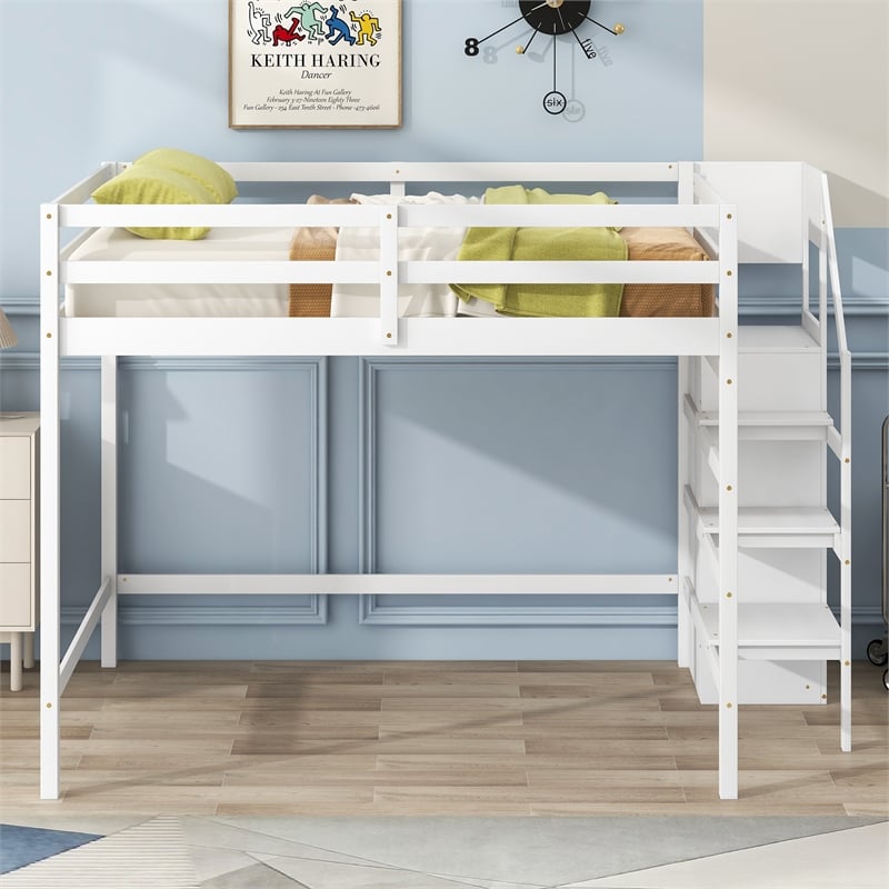 Full Size Loft Bed with Built-in Storage Wardrobe and Staircase