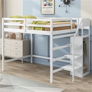 Full Size Loft Bed with Built-in Storage Wardrobe and Staircase