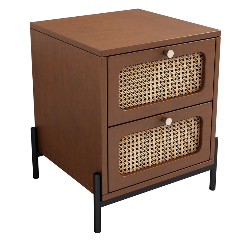 CRO Decor modern rattan drawer wood bedside table walnut