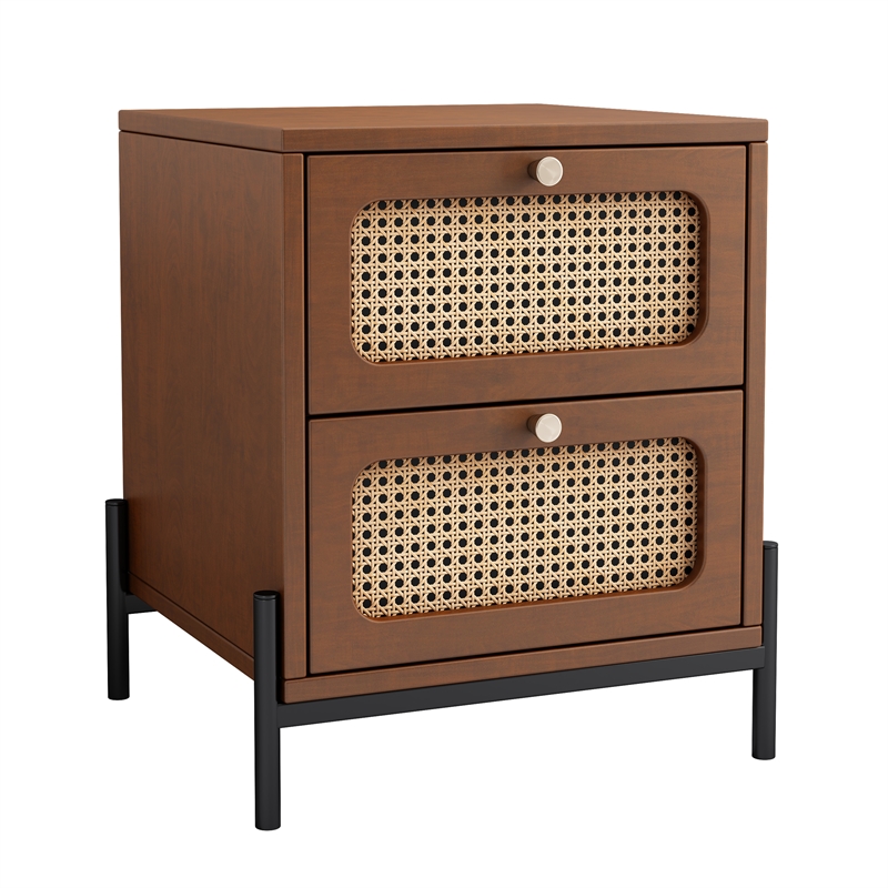 CRO Decor modern rattan drawer wood bedside table walnut