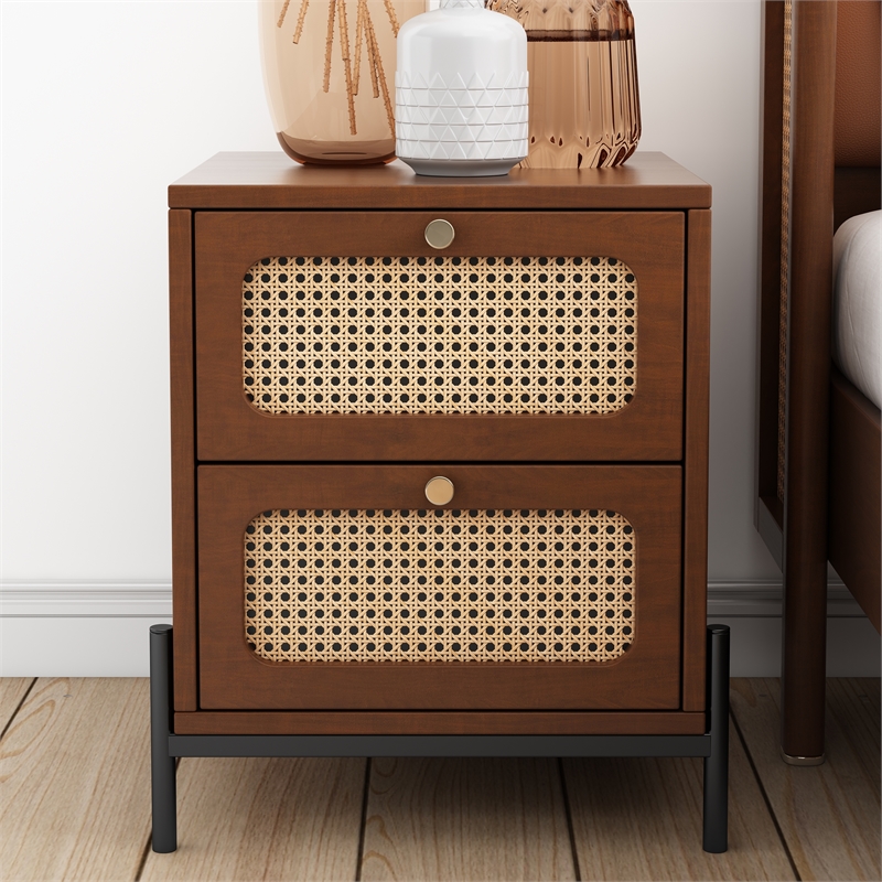 CRO Decor modern rattan drawer wood bedside table walnut