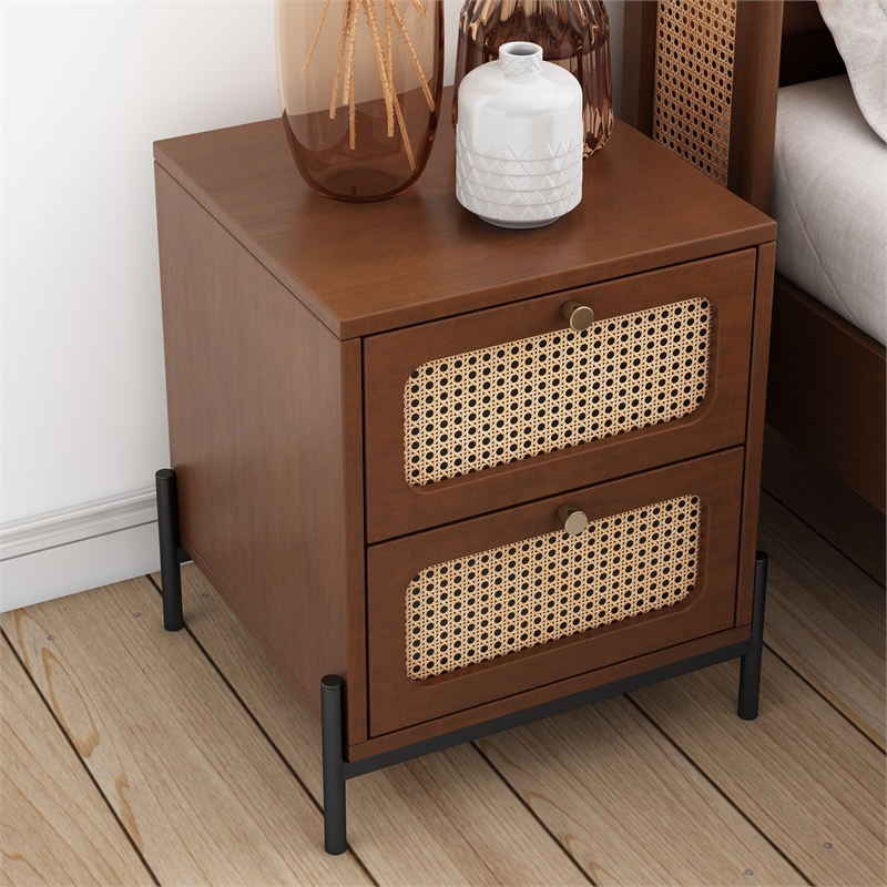 CRO Decor modern rattan drawer wood bedside table walnut