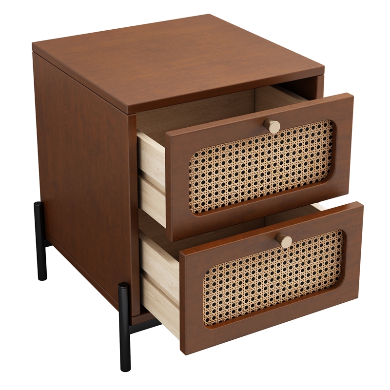 CRO Decor modern rattan drawer wood bedside table walnut