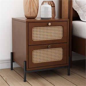 CRO Decor modern rattan drawer wood bedside table walnut