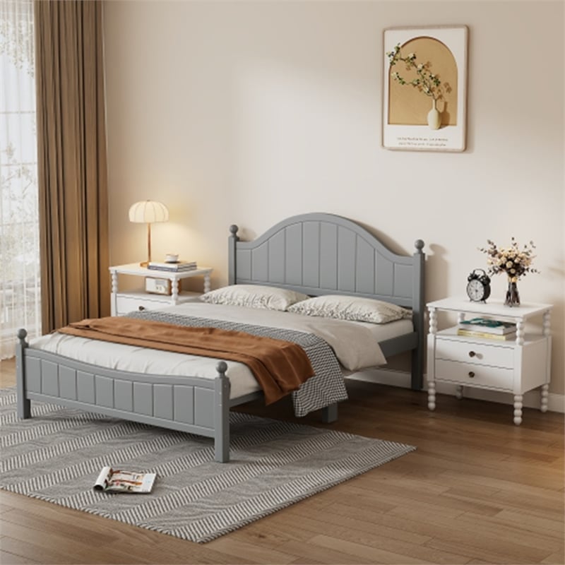 CRO Decor 3 Pieces Bedroom Sets Traditional  Wood Bed with 2 Nightstands Grey