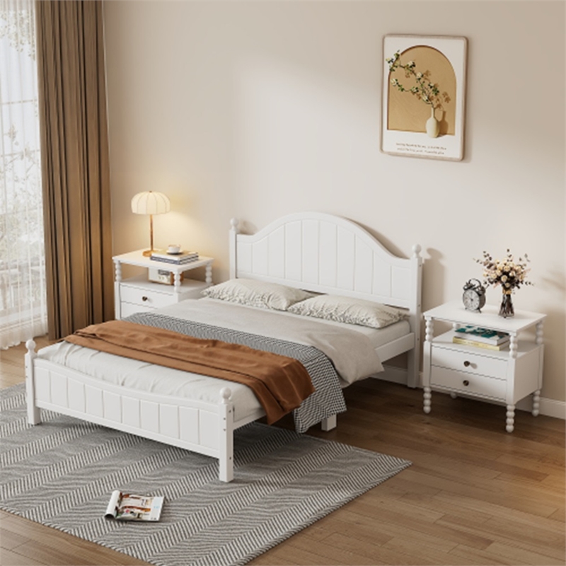 CRO Decor 3 Pieces Bedroom Sets Traditional  Wood Bed with 2 Nightstands White
