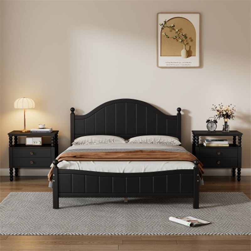 CRO Decor 3 Pieces Bedroom Sets Traditional  Wood Bed with 2 Nightstands Black