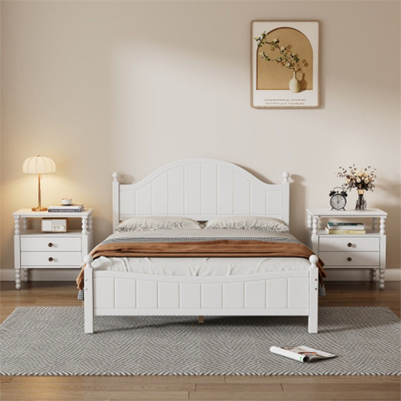 CRO Decor Bedroom Sets Traditional  Wood Queen Bed with 2 Nightstands White
