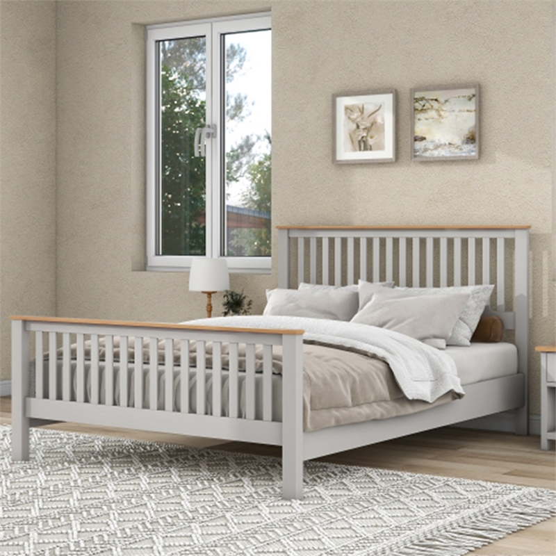 CRO Decor Country Gray Solid Platform QUeen Bed with Oak Top