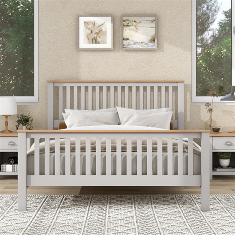 CRO Decor Country Gray Solid Platform QUeen Bed with Oak Top