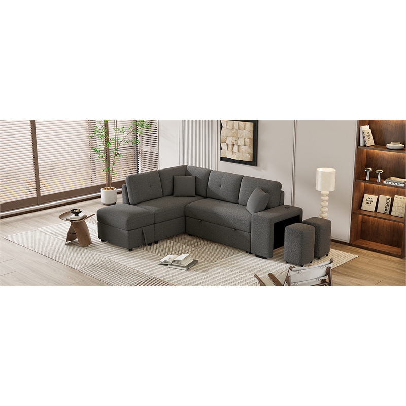 CRO Decor Segmented Pull-Out Convertible Sofa Bed with Storage Footstool
