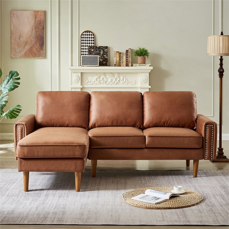 CRO Decor  Sturdy Wooden Legs and Suede Fabric L-shaped Sofa with Brown