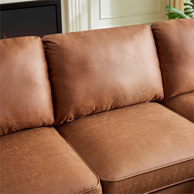 CRO Decor  Sturdy Wooden Legs and Suede Fabric L-shaped Sofa with Brown