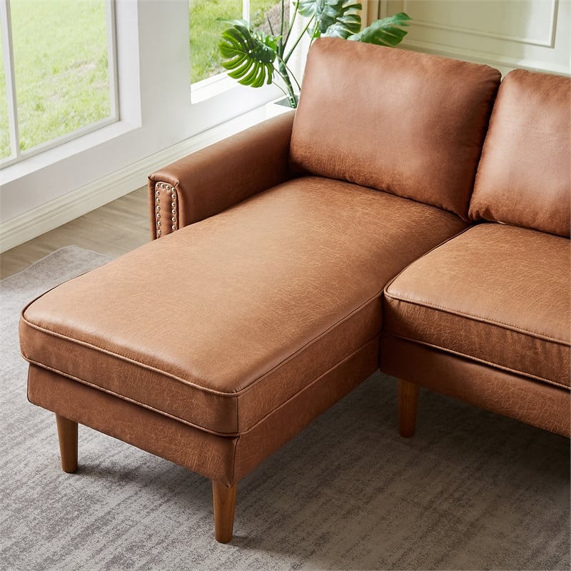 CRO Decor  Sturdy Wooden Legs and Suede Fabric L-shaped Sofa with Brown