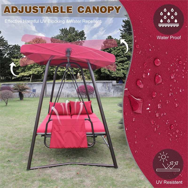 CRO Decor Red Swing Bed with Cushion and Adjustable Roof on Outdoor