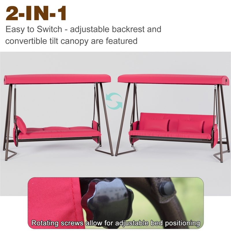 CRO Decor Red Swing Bed with Cushion and Adjustable Roof on Outdoor