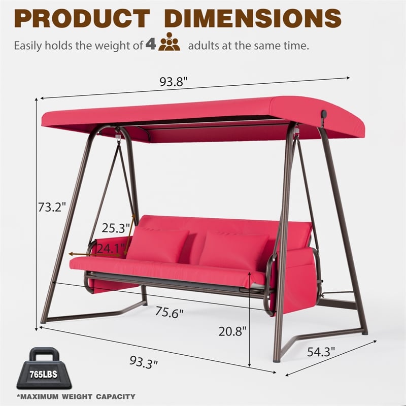 CRO Decor Red Swing Bed with Cushion and Adjustable Roof on Outdoor
