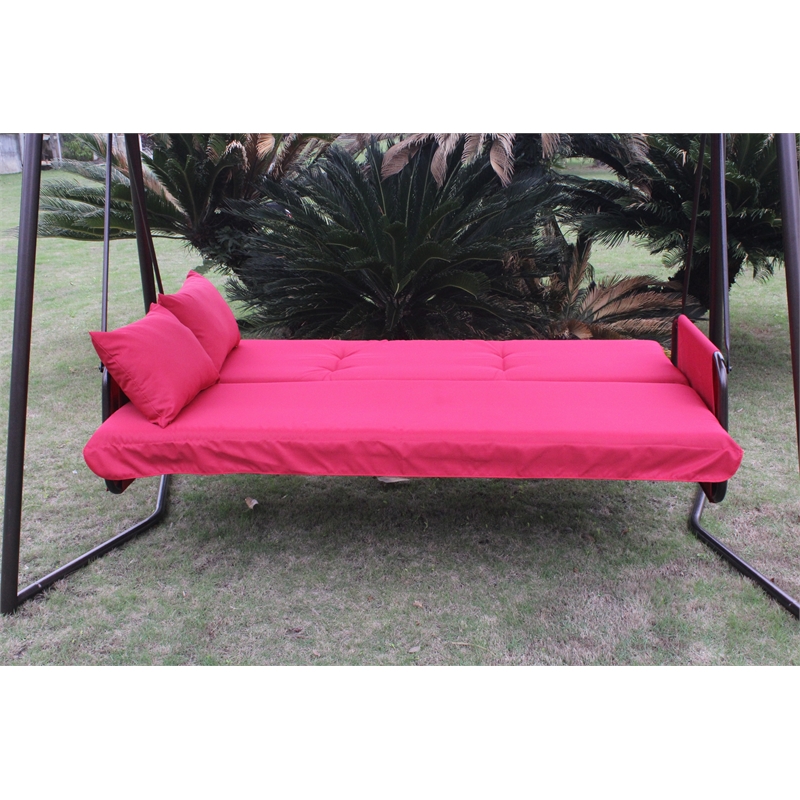 CRO Decor Red Swing Bed with Cushion and Adjustable Roof on Outdoor
